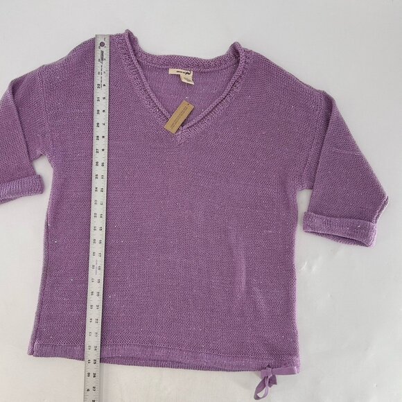 DKNY V-Neck Knit Purple Shimmery Pullover Sweater Size M Preppy Bottom Tie Flaw - Picture 10 of 11